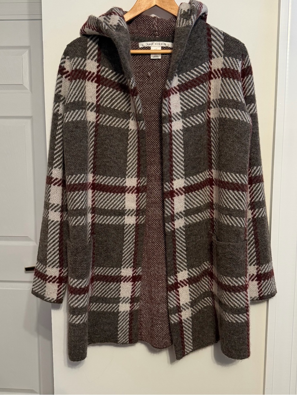 Max Studio Hooded Plaid Open-Front Cardigan in Brown, Cream & Burgundy